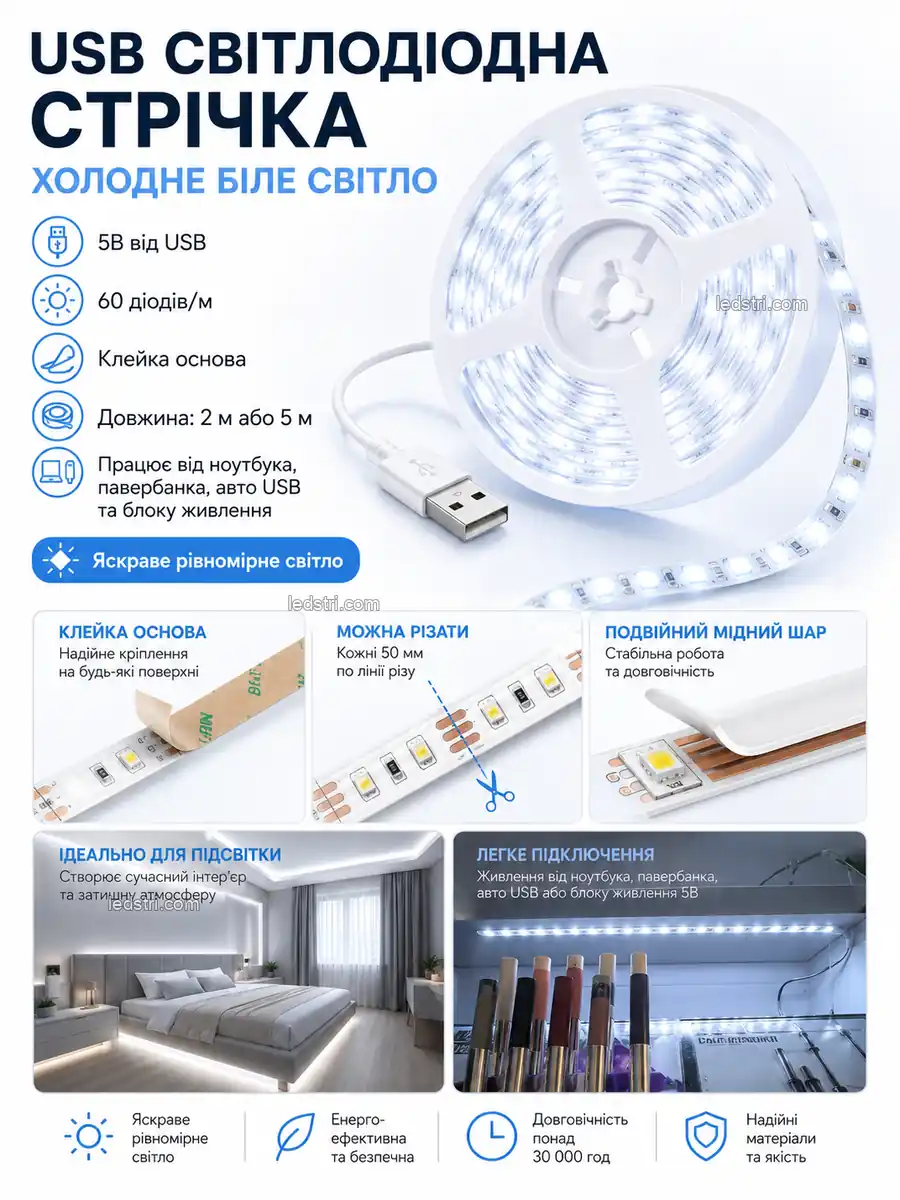 USB світлодіодна LED стрічка холодне біле світло