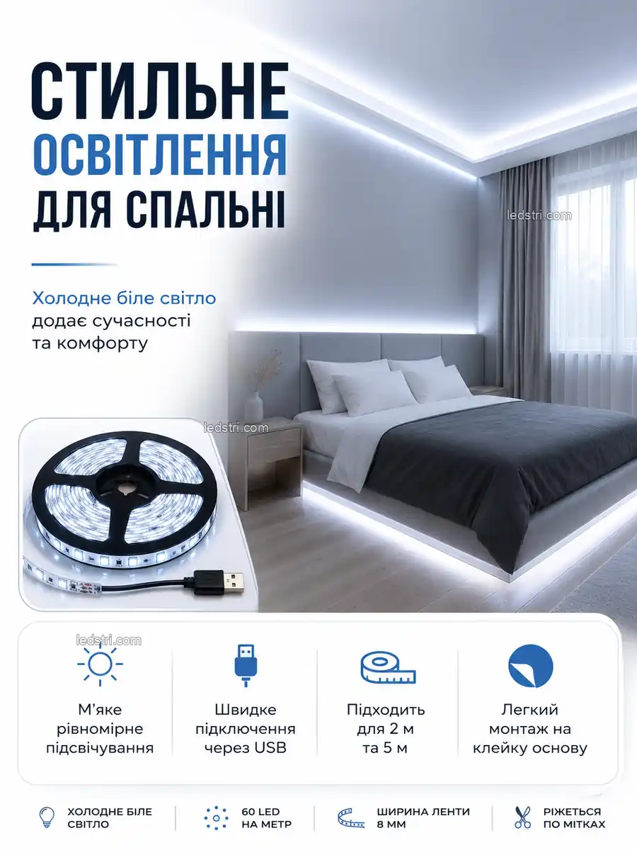 Стильне освітлення для спальні USB LED стрічкою
