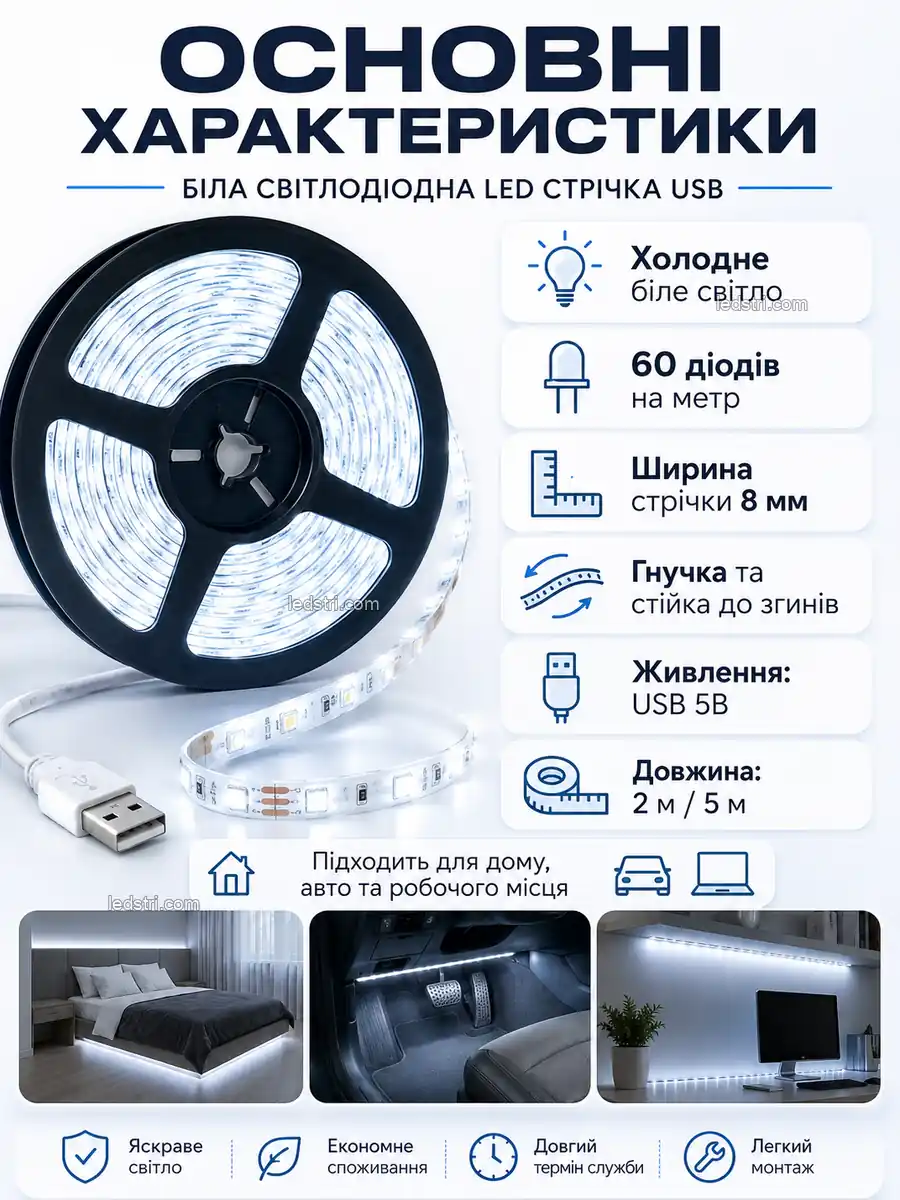 Основні характеристики USB LED стрічки холодне біле світло