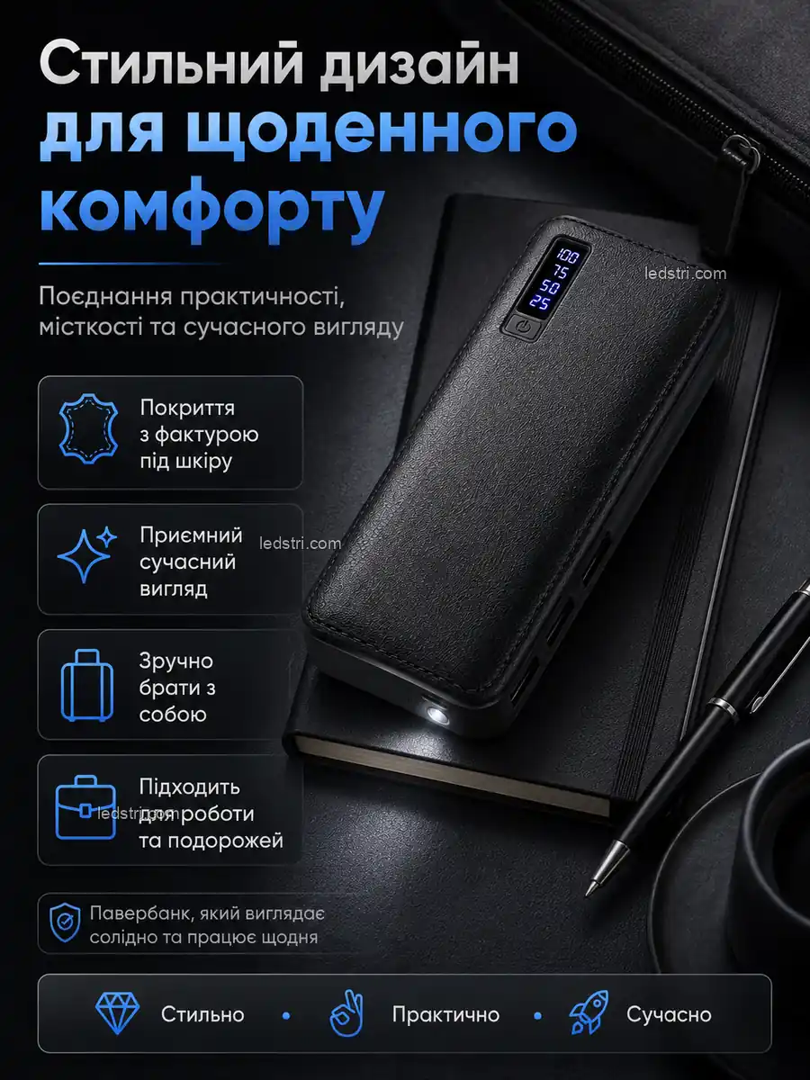 Компактний формат павербанка 140 на 69 на 20 мм
