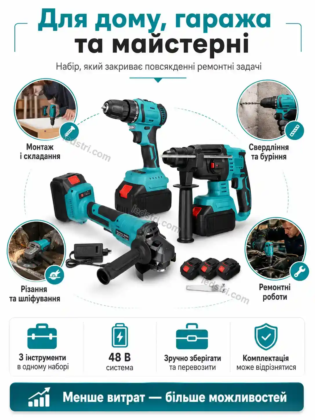 🔧 ️ набір інструментів 3 в 1 — болгарка, шуруповерт і перфоратор Terra Lite Bright - фото