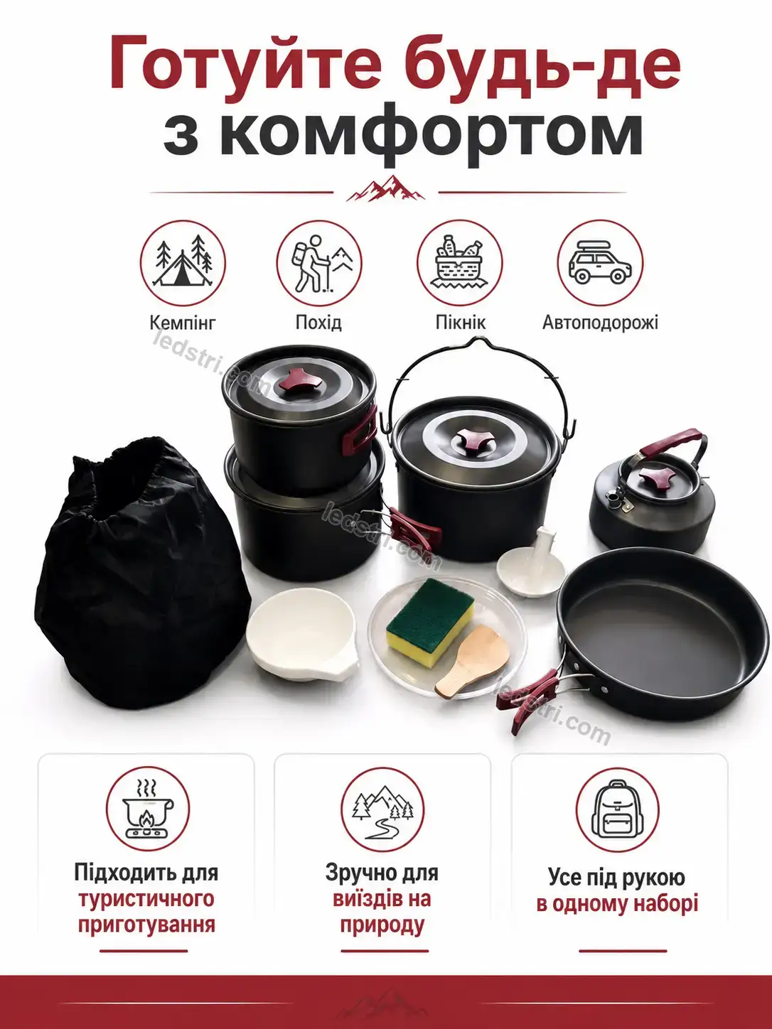 ✨ ️ набір посуду для кемпінгу на 15 предметів у похідному мішечку Pulse Wave Calm - фото