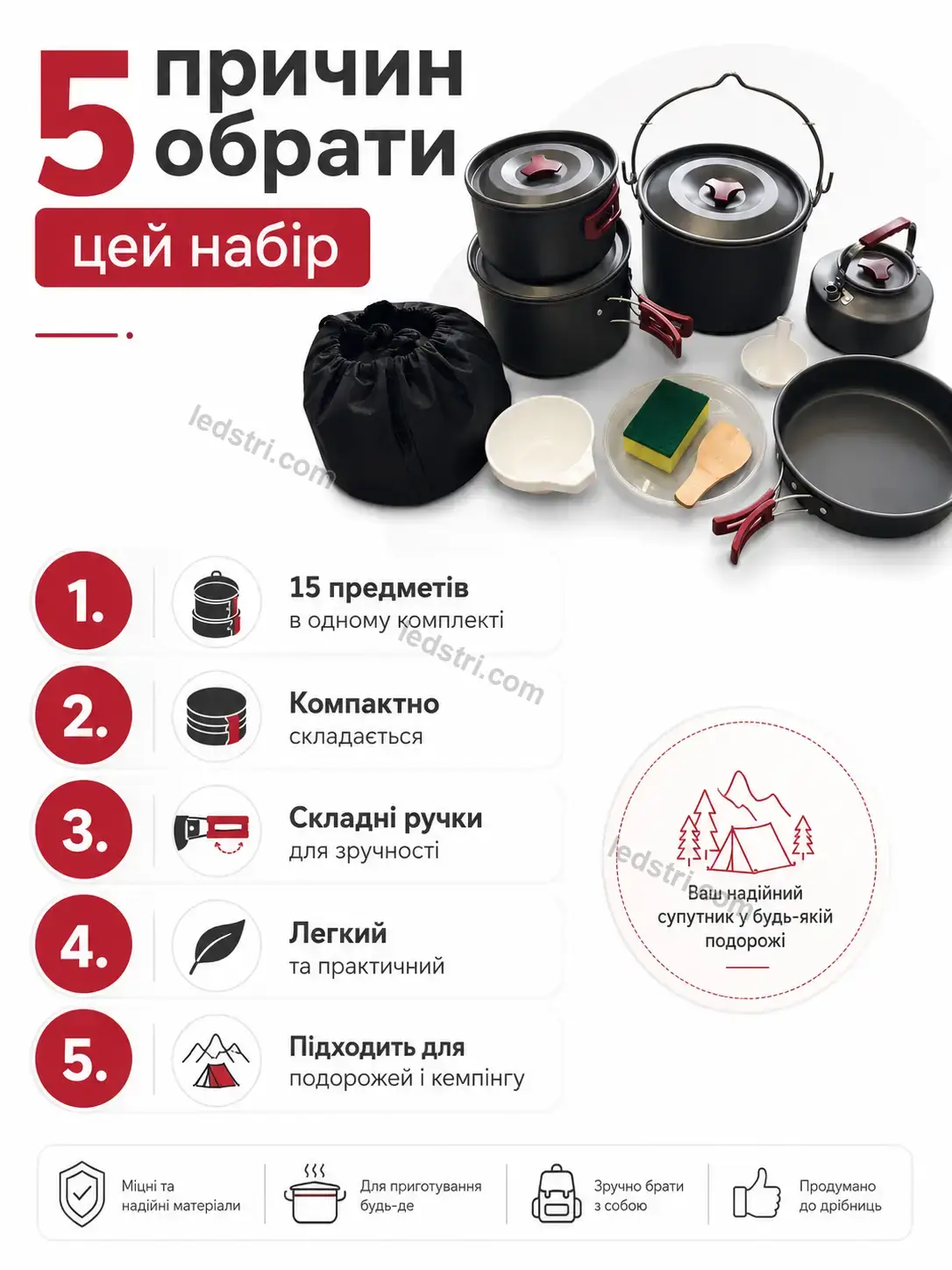 ✨ ️ набір посуду для кемпінгу на 15 предметів у похідному мішечку Pulse Wave Calm - фото