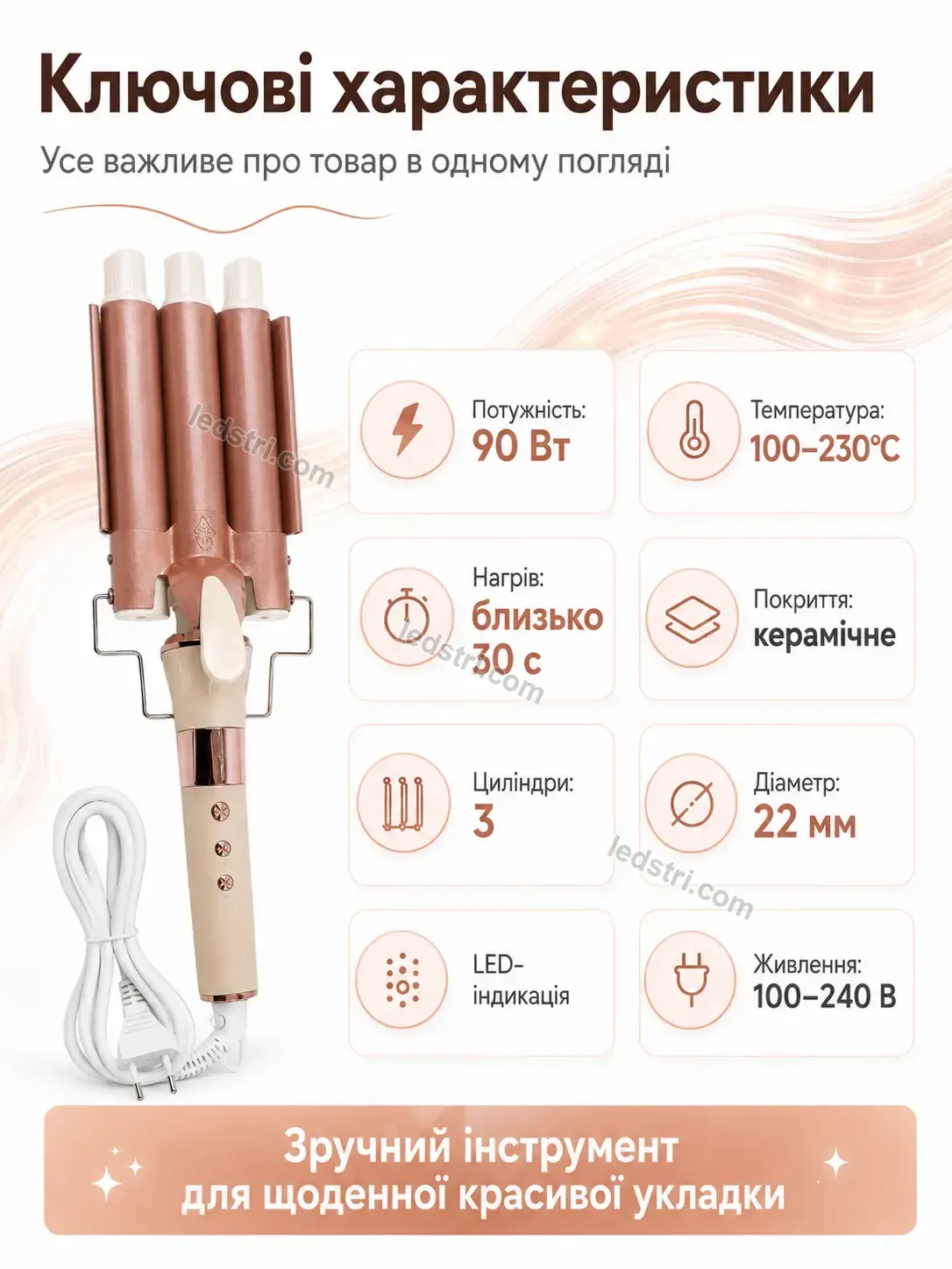 ✨ Плойка три хвилі для м’якої об’ємної укладки Vento Care Bright