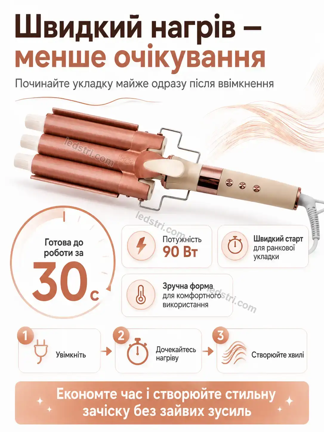 ✨ Плойка три хвилі для м’якої об’ємної укладки Vento Care Bright - деталі