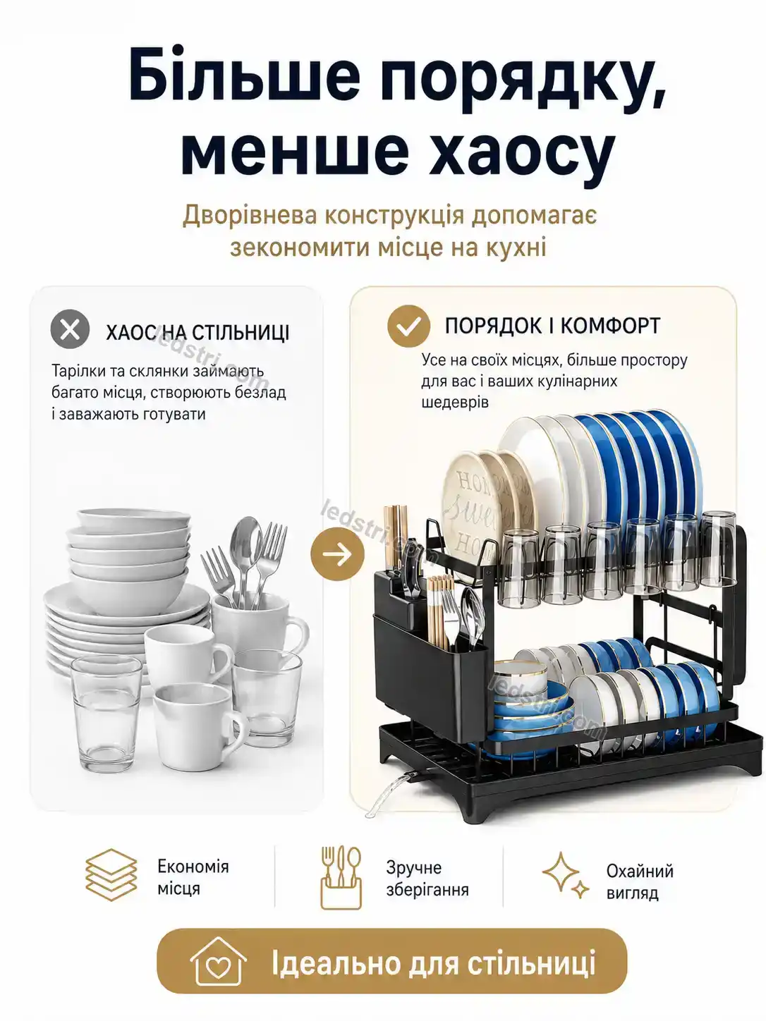 ✨ ️ двоярусна сушарка для посуду з нержавеючої сталі 420×290×290 мм Terra Wave Bright - фото