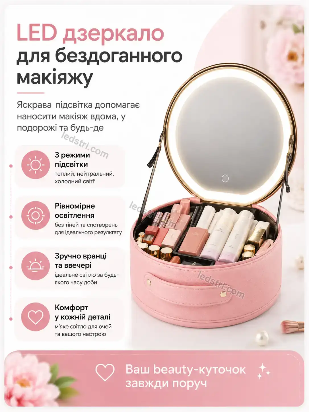 ✨ Органайзер-косметичка з дзеркалом, рожевий Rondo Wave Bright