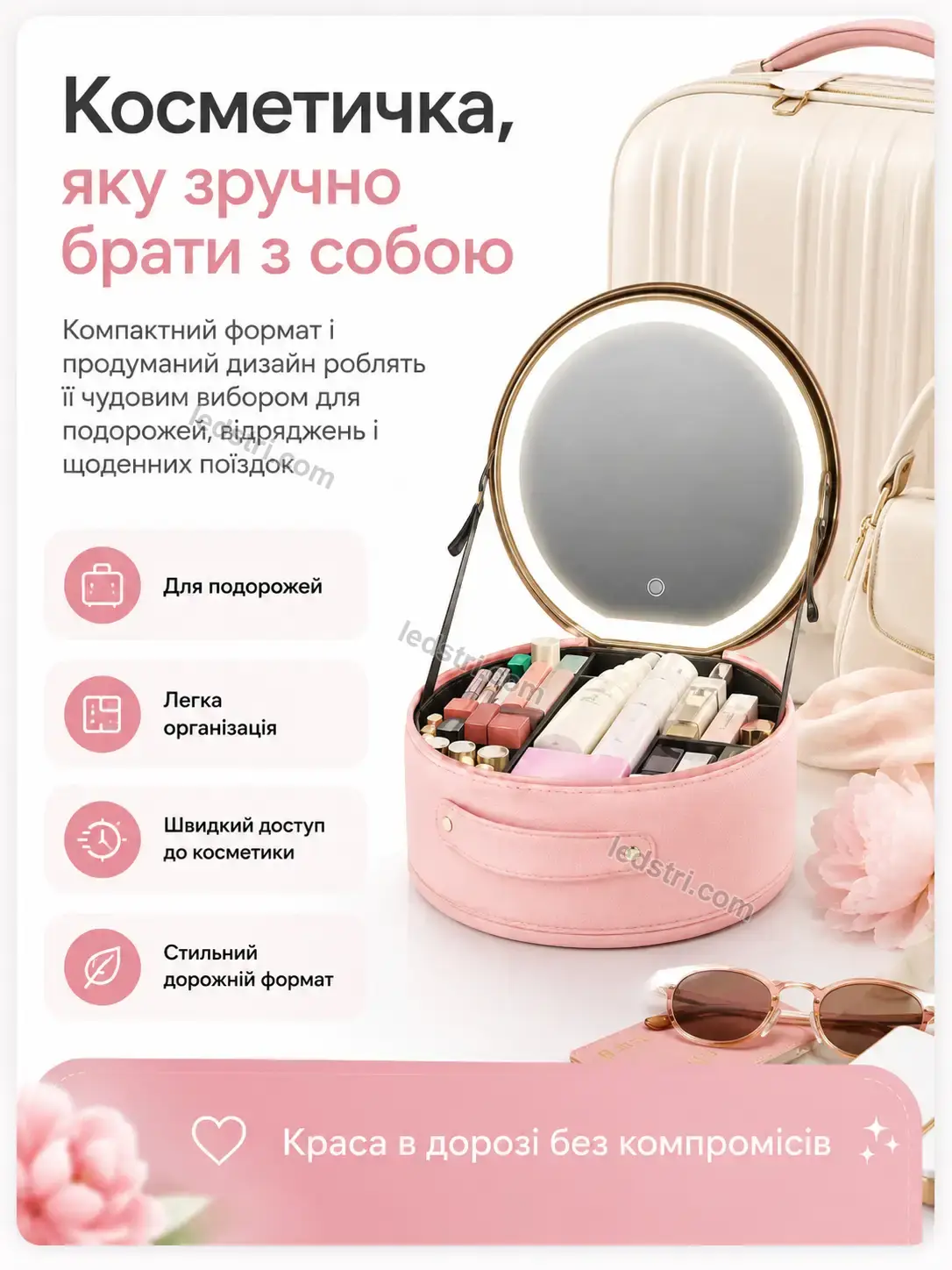 ✨ Органайзер-косметичка з дзеркалом, рожевий Rondo Wave Bright - використання