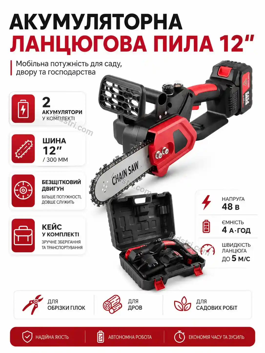 🔋 Акумуляторна червона ланцюгова пила , 2 акумулятори, 12 Spark Plus Calm