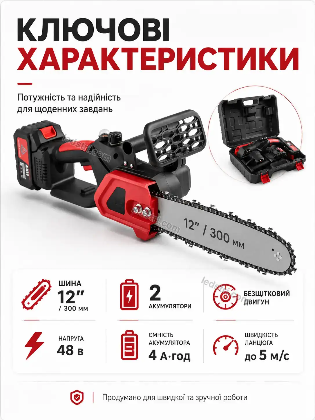 🔋 Акумуляторна червона ланцюгова пила , 2 акумулятори, 12 Spark Plus Calm