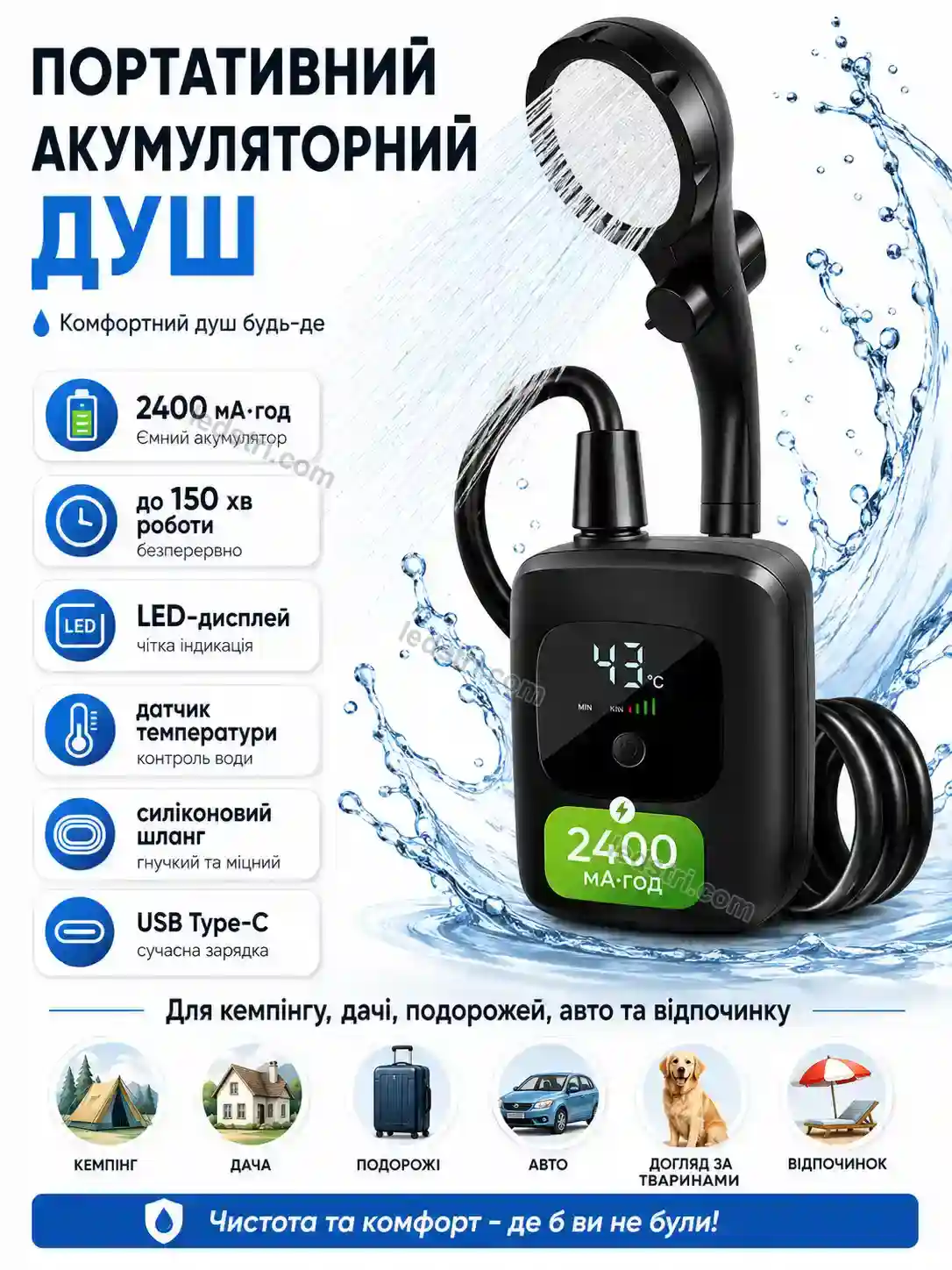 🔋 Переносний акумуляторний душ 2400 Pulse Wave Bright