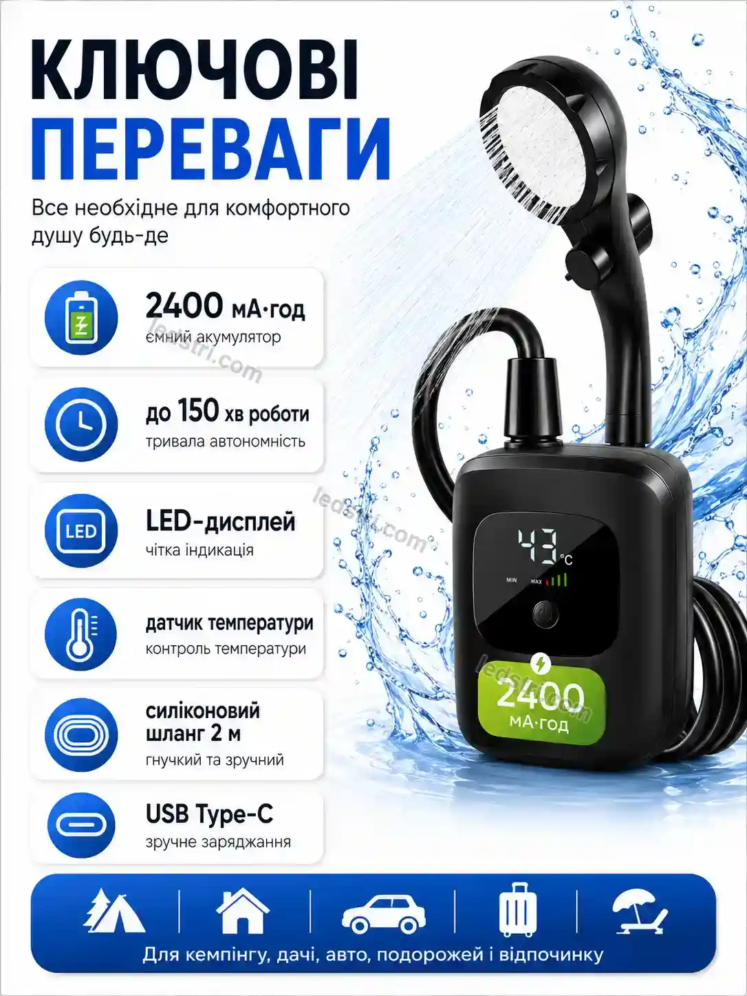 🔋 Переносний акумуляторний душ 2400 Pulse Wave Bright