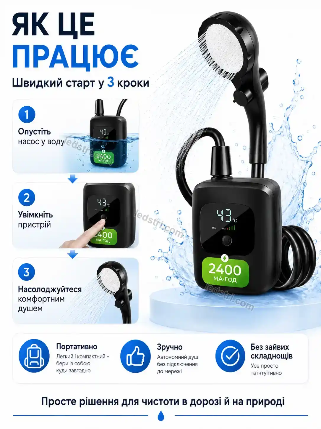 🔋 Переносний акумуляторний душ 2400 Pulse Wave Bright - фото