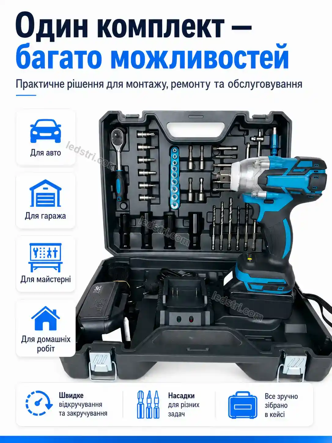 🔋 Акумуляторний гайковерт з тріскачкою, головками та насадками Milo Plus Calm