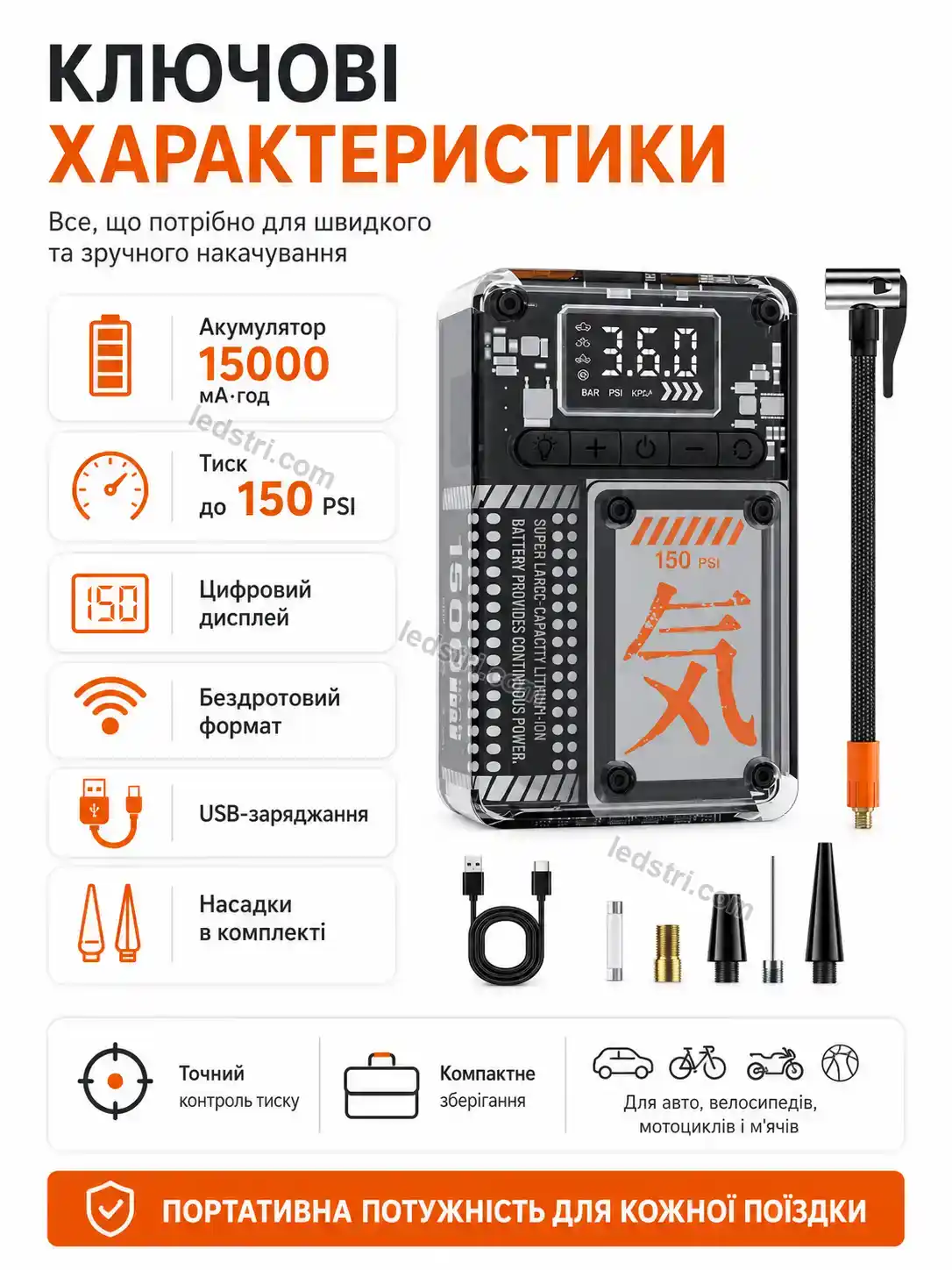 🔋 Акумуляторний автомобільний компресор 15000 мач з цифровим дисплеєм Lumo Care Bright