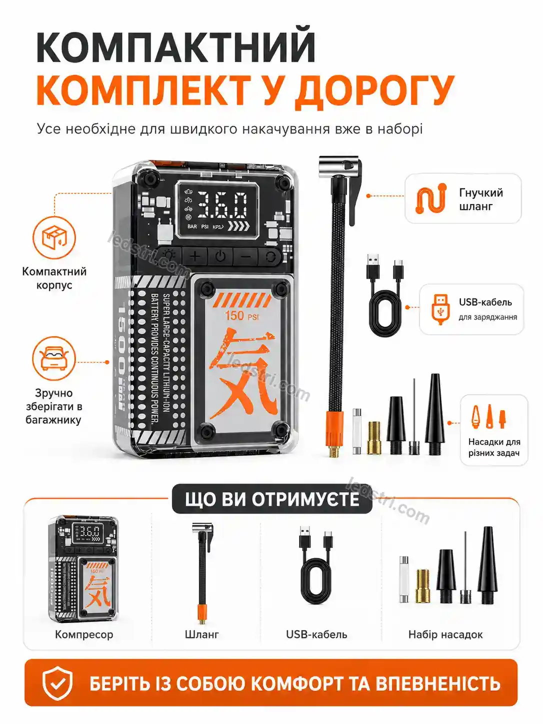 🔋 Акумуляторний автомобільний компресор 15000 мач з цифровим дисплеєм Pulse Mini Bright - фото