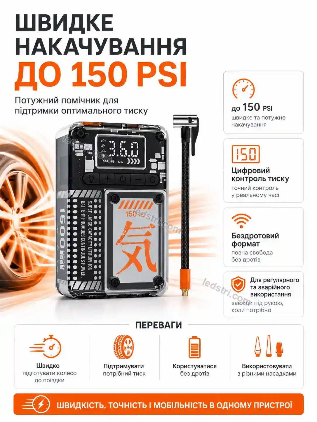 🔋 Акумуляторний автомобільний компресор 15000 мач з цифровим дисплеєм Pulse Mini Bright - фото