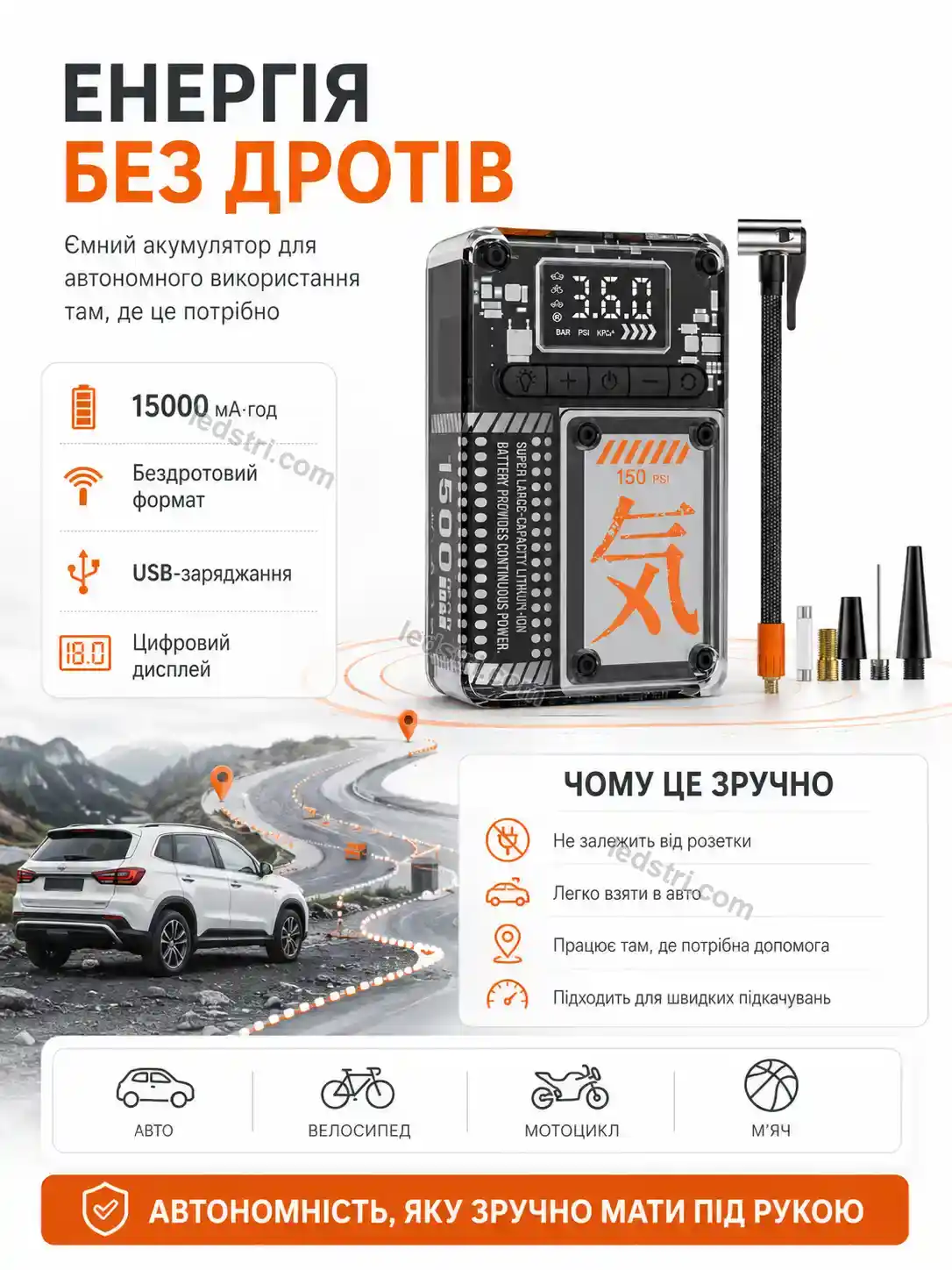 🔋 Акумуляторний автомобільний компресор 15000 мач з цифровим дисплеєм Pulse Mini Bright - фото